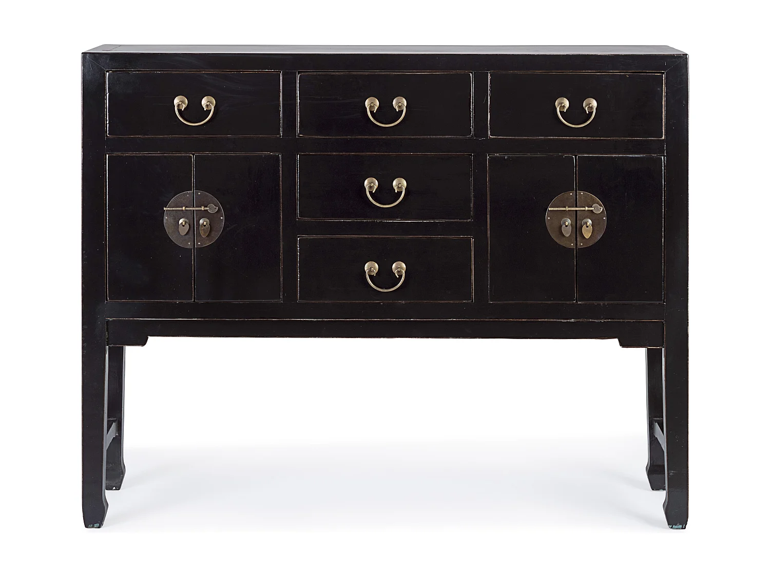 Console en bois d'orme noir 2 portes 5 tiroirs Juan 137cm