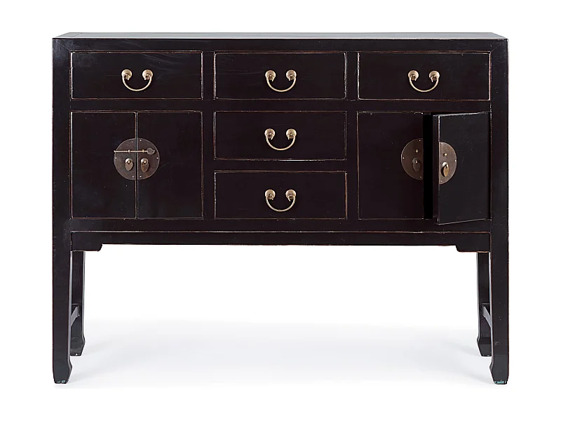 Console en bois d'orme noir 2 portes 5 tiroirs Juan 137cm