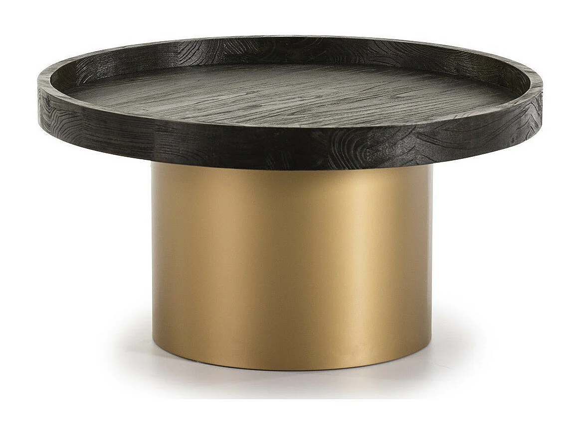 Table basse ronde bois foncé et métal doré D 80cm