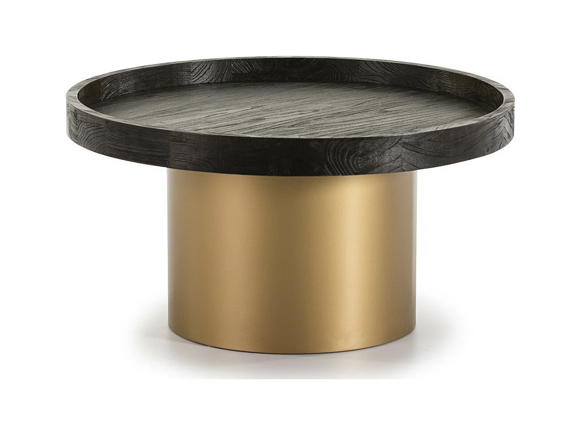 Table basse ronde bois foncé et métal doré D 80cm