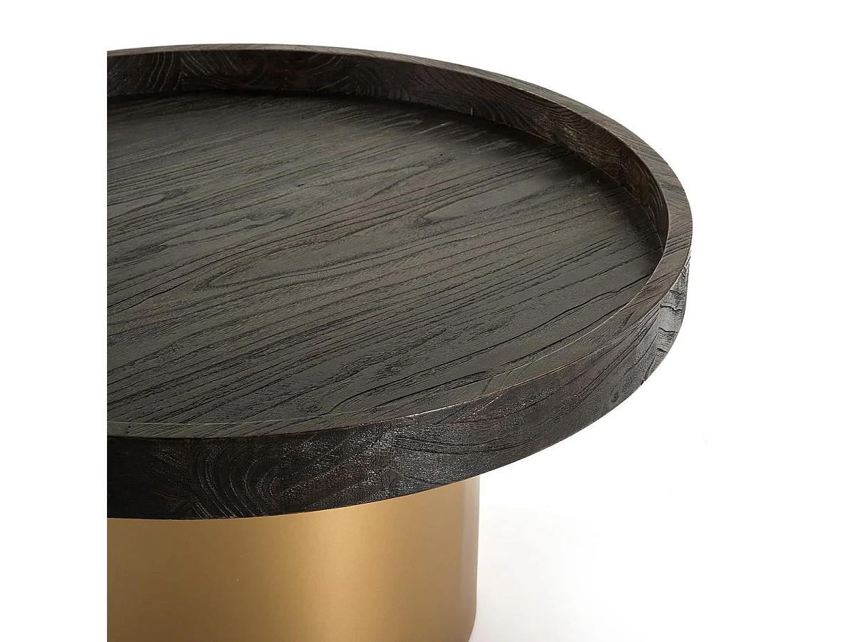 Table basse ronde bois foncé et métal doré D 80cm