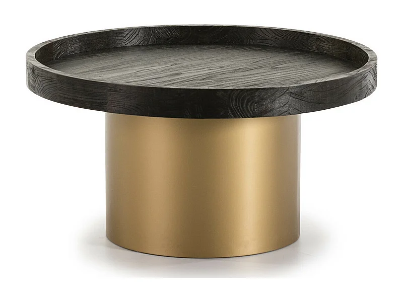Table basse ronde bois foncé et métal doré D 80cm