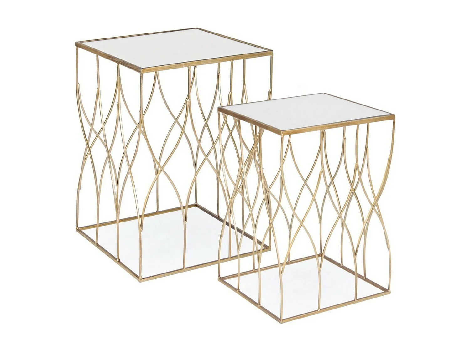 Table basse gigogne carrée en acier doré et miroir Louanor - Lot de 2