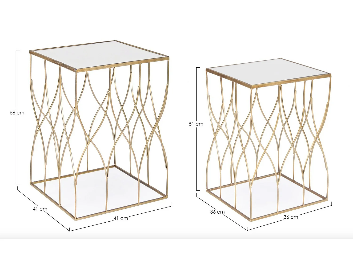 Table basse gigogne carrée en acier doré et miroir Louanor - Lot de 2