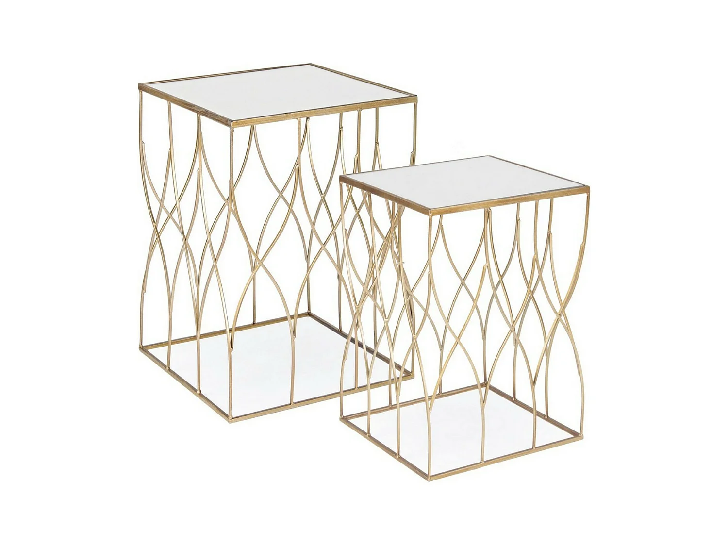 Table basse gigogne carrée en acier doré et miroir Louanor - Lot de 2