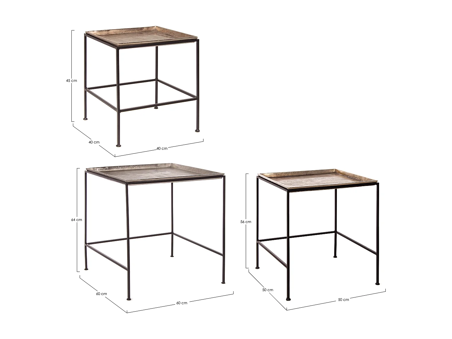 Table basse carrée aluminium et pieds en acier Amina - Lot de 3