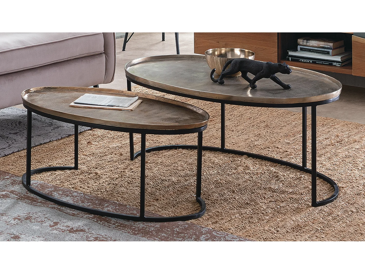 Table basse ovale aluminium et pieds en acier Amina - Lot de 2