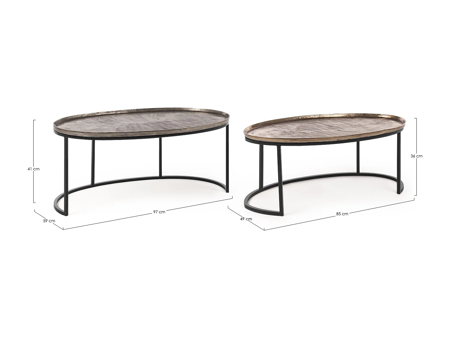Table basse ovale aluminium et pieds en acier Amina - Lot de 2
