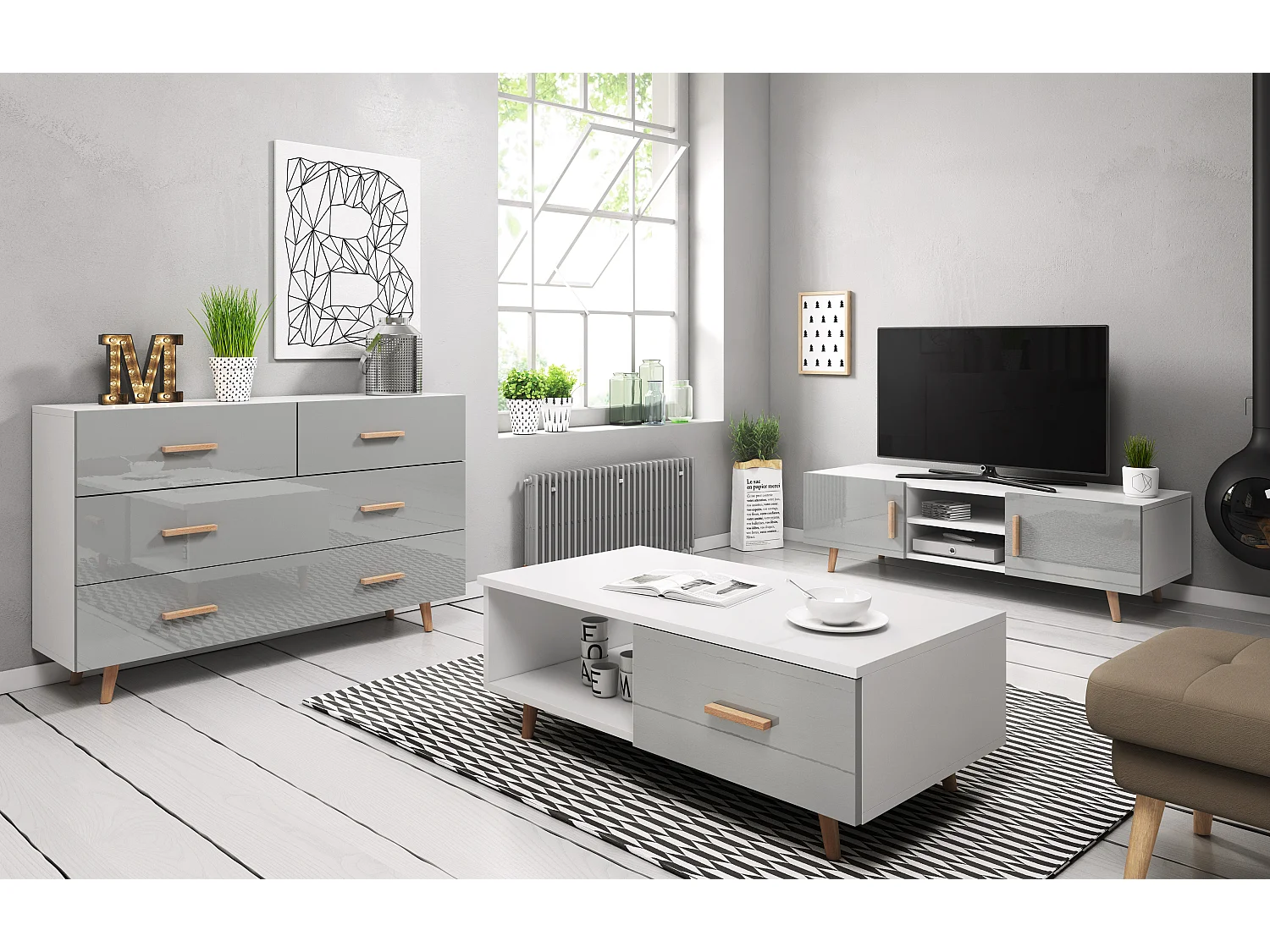 Table basse style scandinave blanc mat et gris laqué Kunamy 110cm