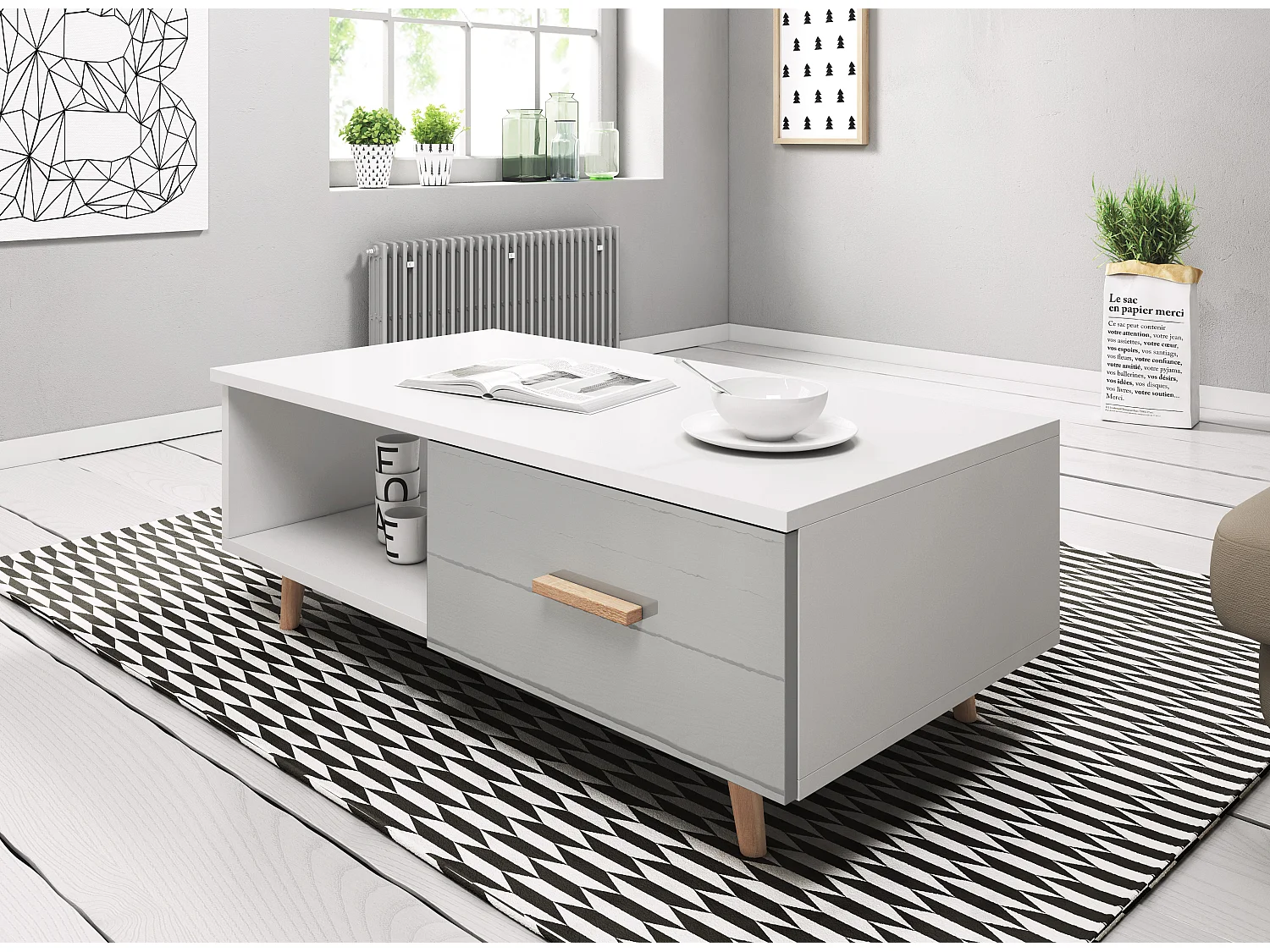 Table basse style scandinave blanc mat et gris laqué Kunamy 110cm