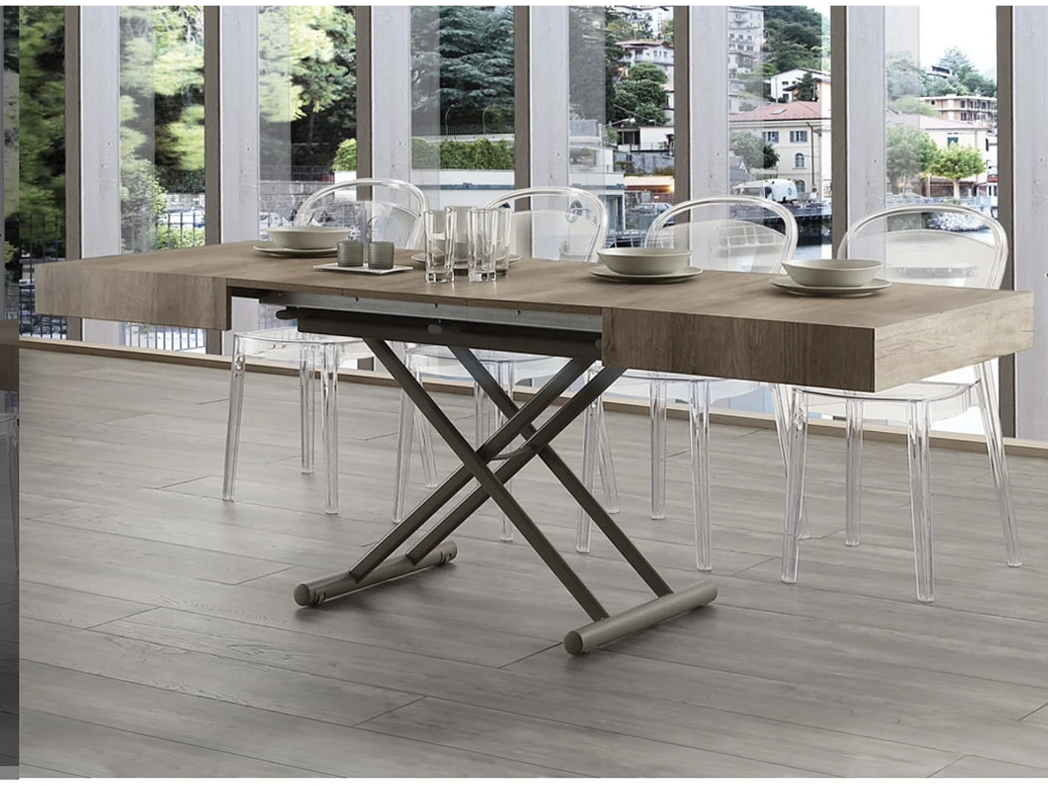 Table basse relevable et extensible beige foncé Alexandra 120-153-186 et 220cm