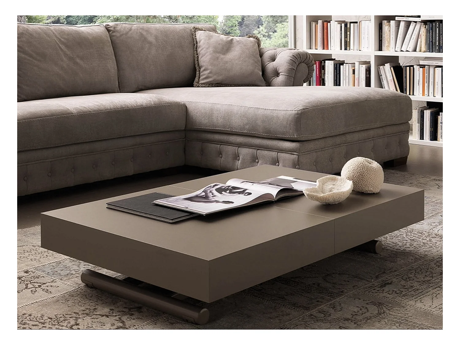 Table basse relevable et extensible beige foncé Alexandra 120-153-186 et 220cm