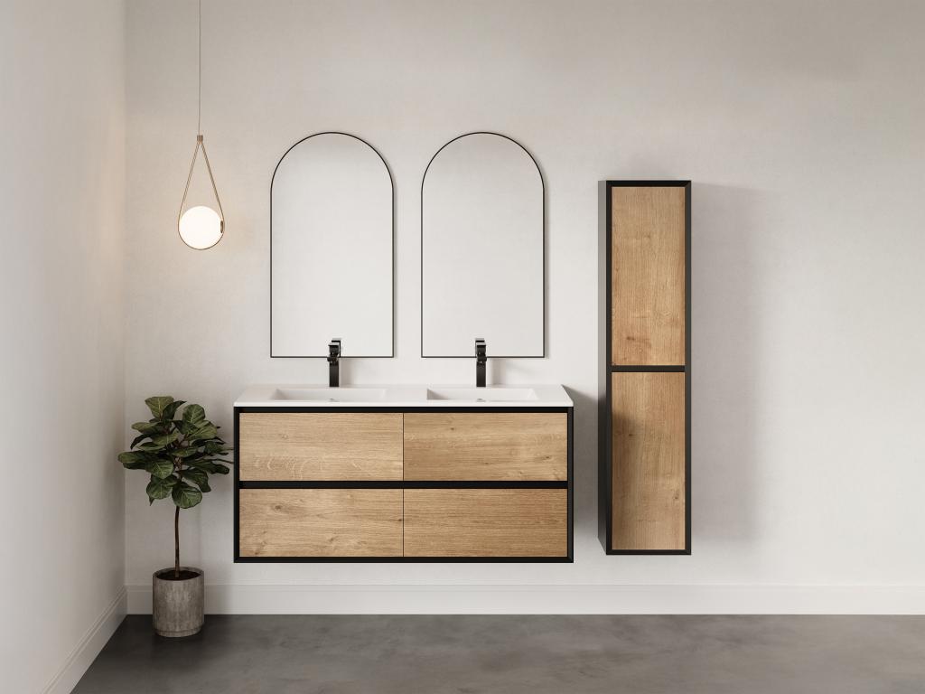 Badhochschrank - Holzfarben hell & Schwarz - 140 cm - LANNICK günstig online kaufen