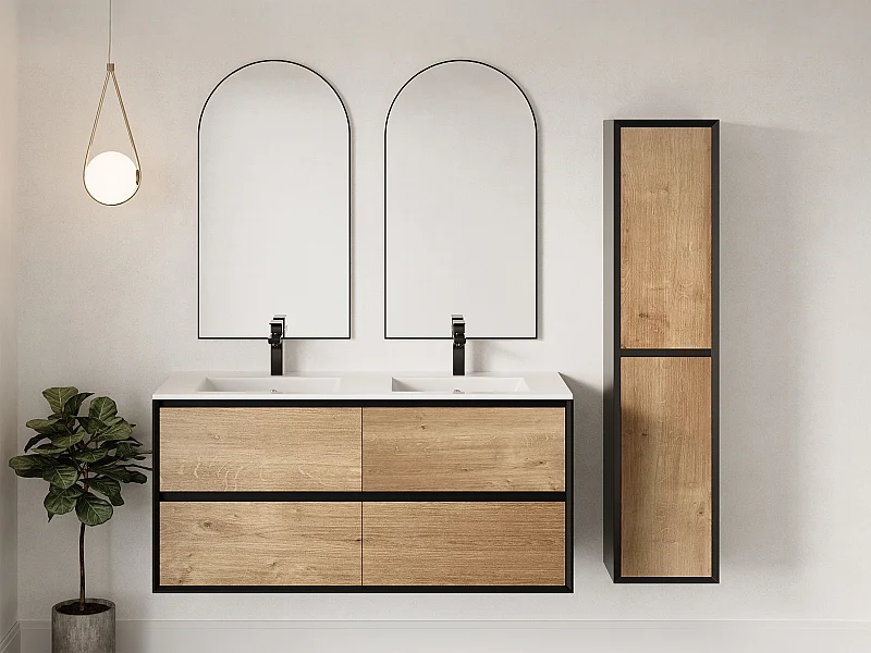 Armario de baño - Color natural claro y negro - 140 cm - LANNICK