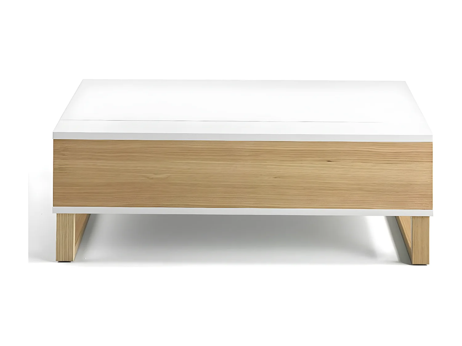 Table basse relevable en bois laqué blanc et bois de hêtre naturel Valeto 110cm