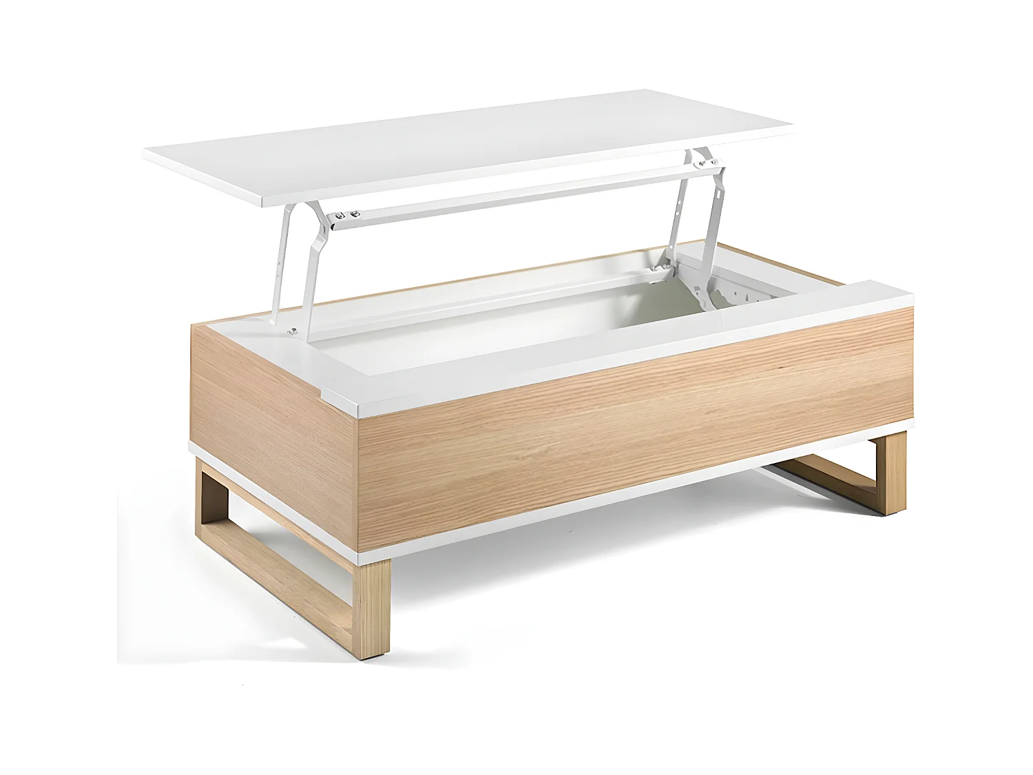 Table basse relevable en bois laqué blanc et bois de hêtre naturel Valeto 110cm