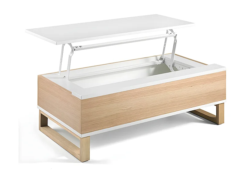 Mesa de centro elevable de madera lacada en blanco y madera de haya natural Valeto 110 cm