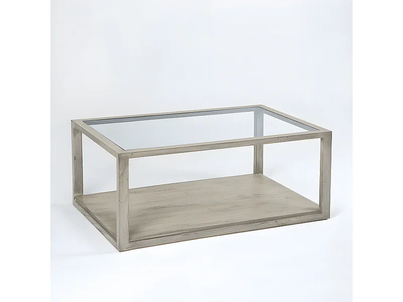 Mesa de centro de cristal y madera maciza gris 110 cm