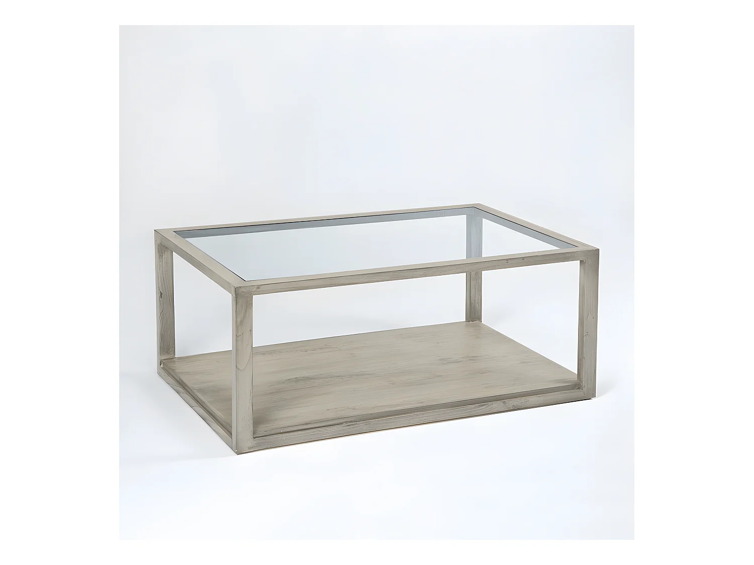 Table basse verre et bois massif gris voilé 110cm