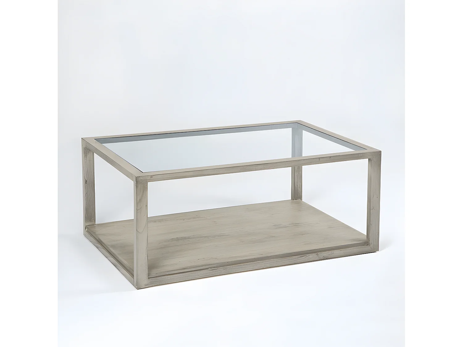 Table basse verre et bois massif gris voilé 110cm