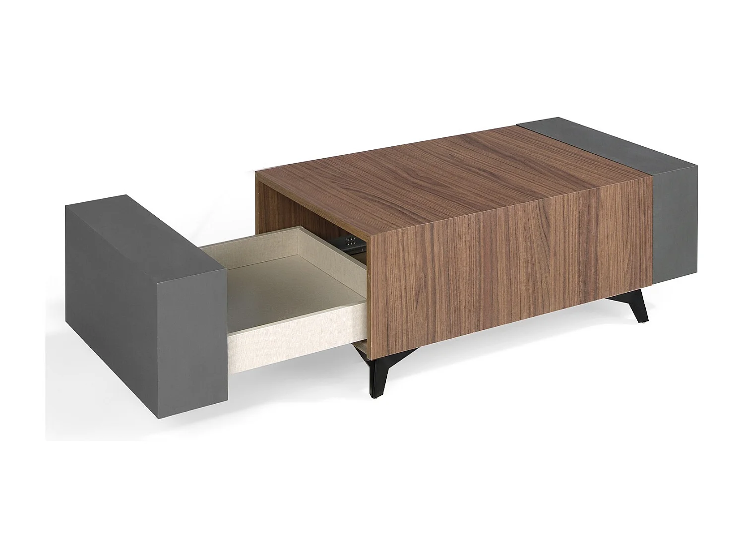 Salontafel met bruine en antraciet opbergruimte met zwarte houten poten Kalieto 110 cm