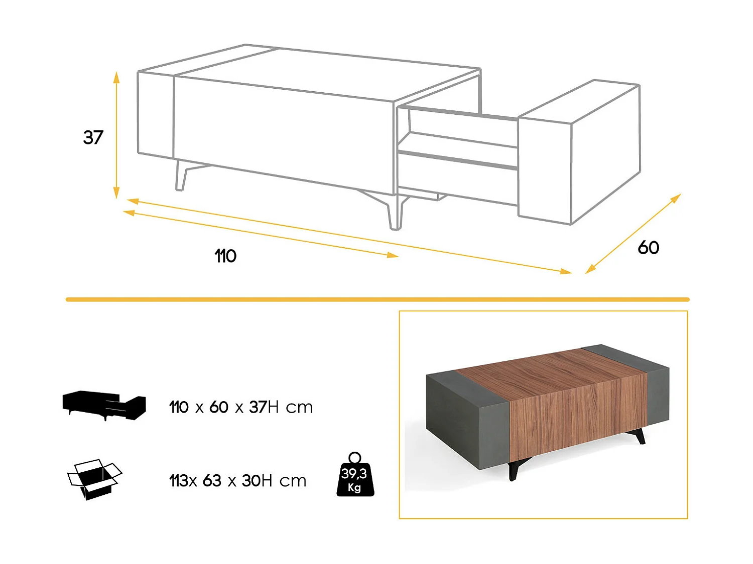 Salontafel met bruine en antraciet opbergruimte met zwarte houten poten Kalieto 110 cm