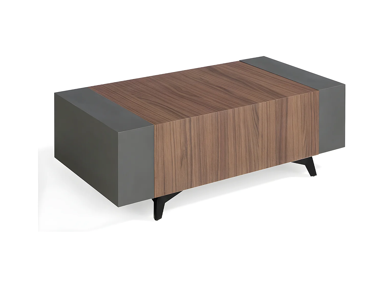 Table basse avec rangement marron et anthracite avec des pieds bois noir Kalieto 110cm