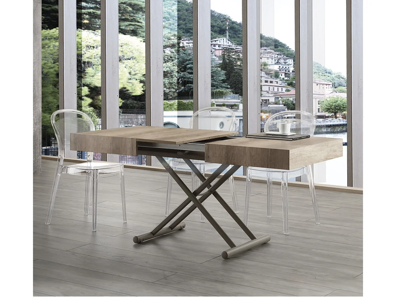 Table basse relevable et extensible ciment aspect vieilli Alexandra 120-153-186 et 220cm