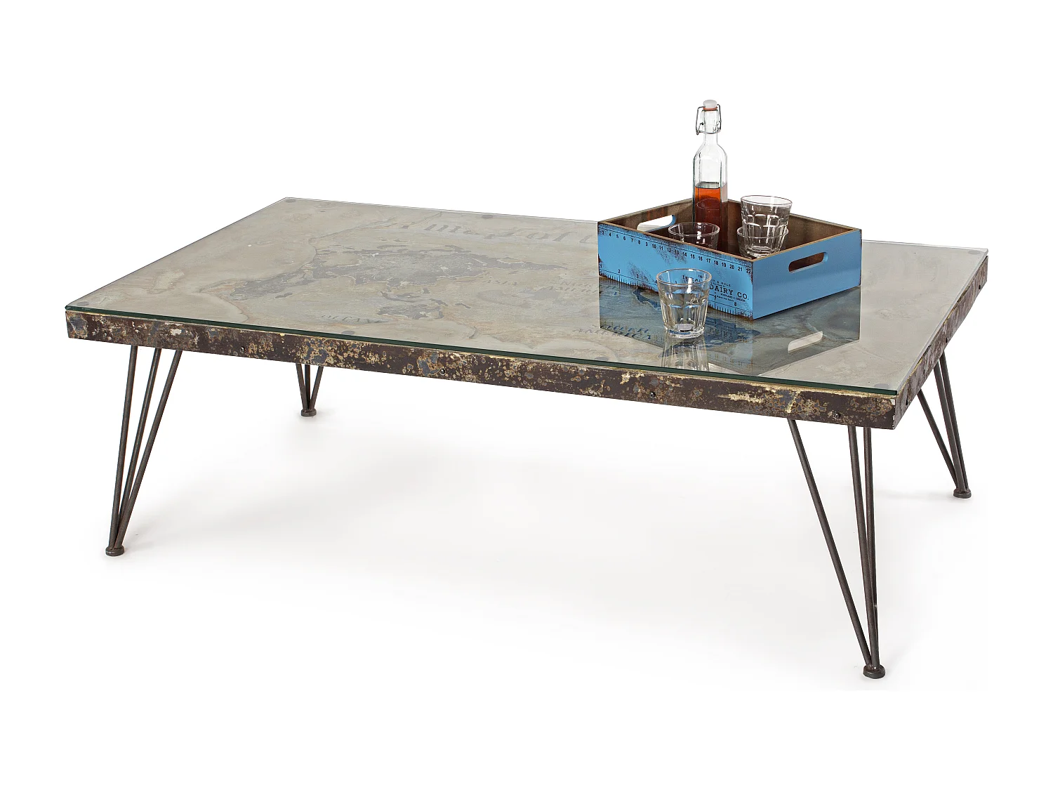 Table basse en acier et verre avec carte Altas L 140cm