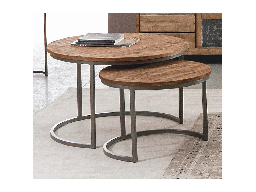 Table basse ronde en bois naturel et acier Narda - Lot de 3