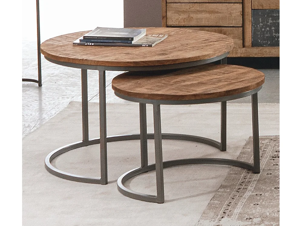 Table basse ronde en bois naturel et acier Narda - Lot de 3