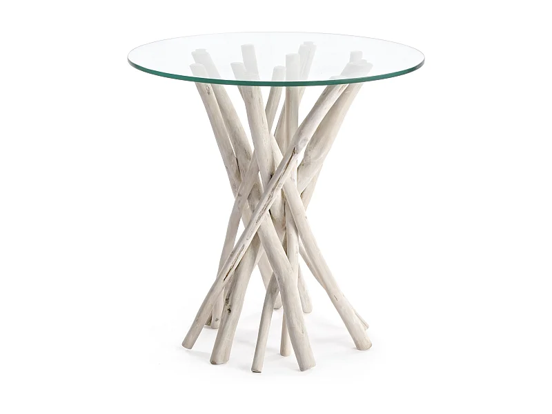 Table d'appoint ronde branches de teck et verre Sary - Lot de 2
