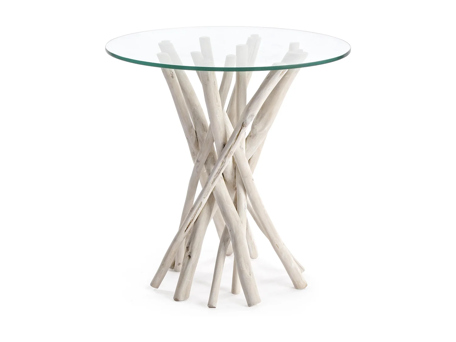 Table d'appoint ronde branches de teck et verre Sary - Lot de 2