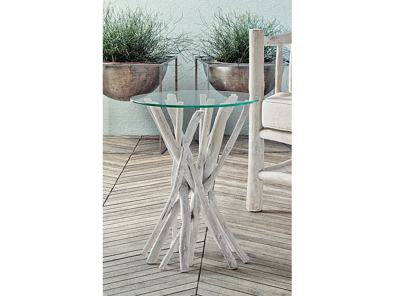 Table d'appoint ronde branches de teck et verre Sary - Lot de 2