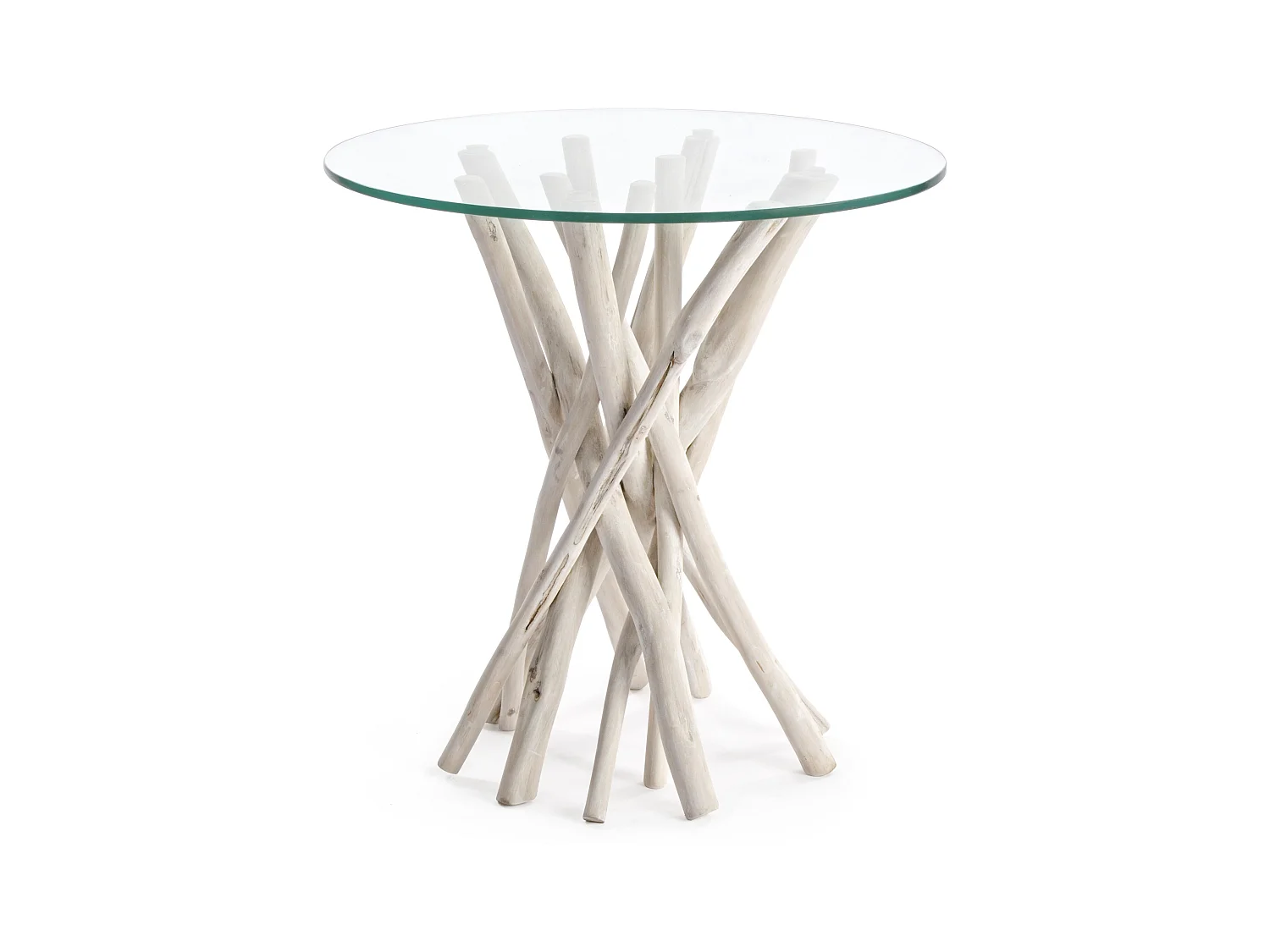 Table d'appoint ronde branches de teck et verre Sary - Lot de 2
