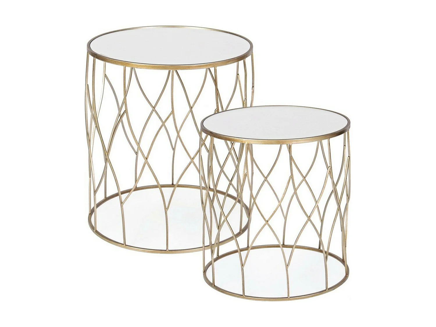 Table basse haute gigogne ronde en acier doré et miroir Louanor - Lot de 2