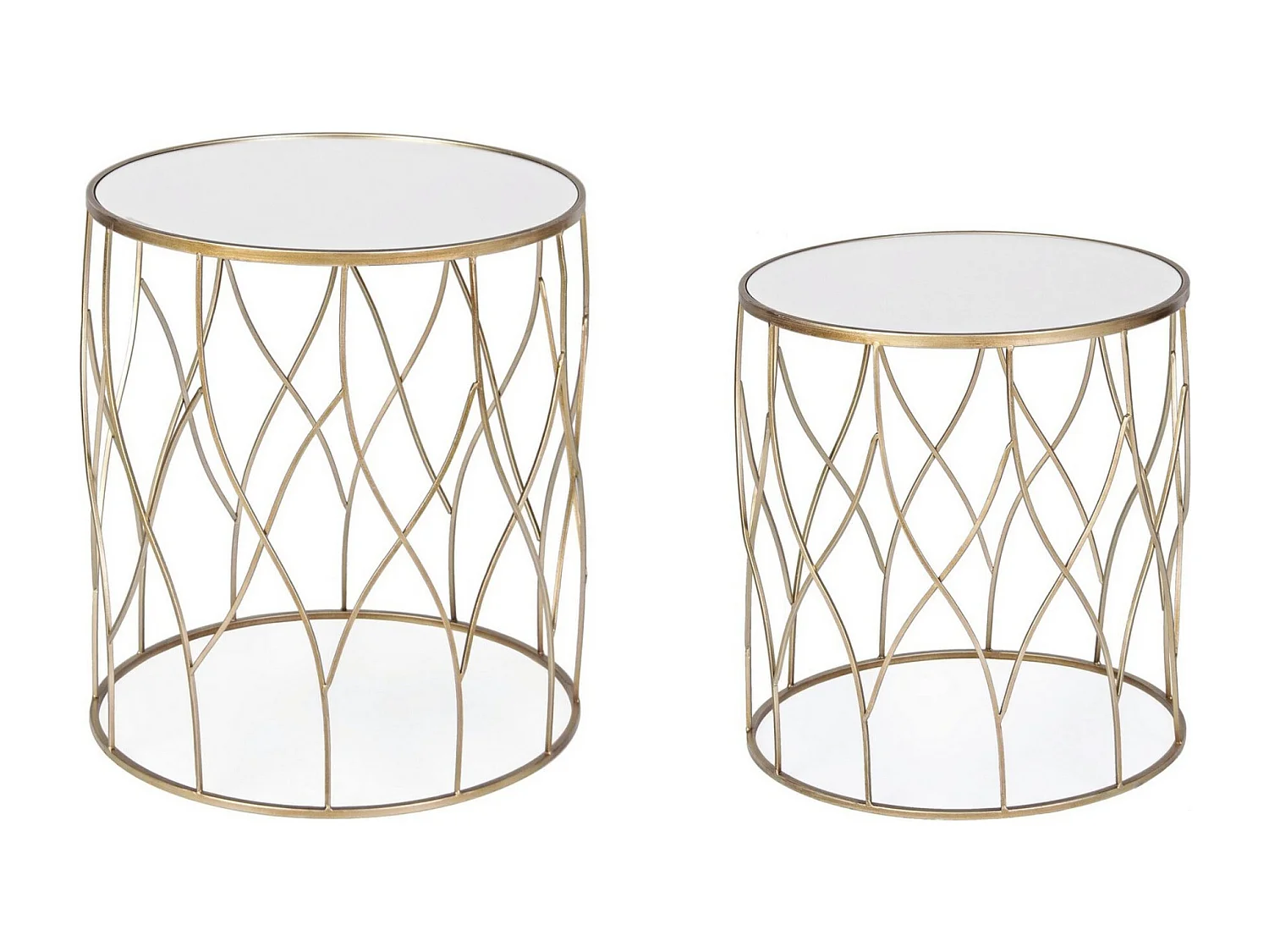 Table basse haute gigogne ronde en acier doré et miroir Louanor - Lot de 2