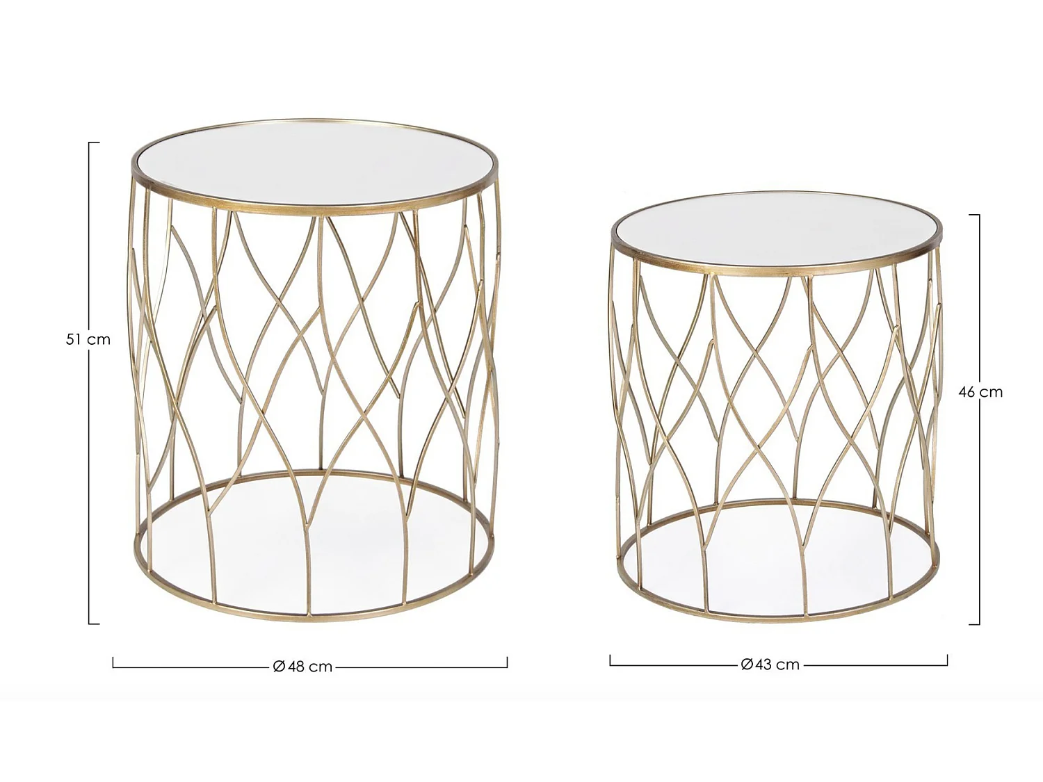 Table basse haute gigogne ronde en acier doré et miroir Louanor - Lot de 2