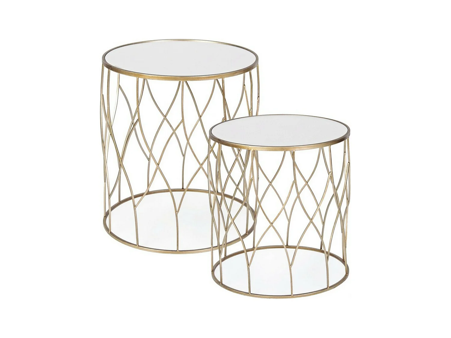 Table basse haute gigogne ronde en acier doré et miroir Louanor - Lot de 2