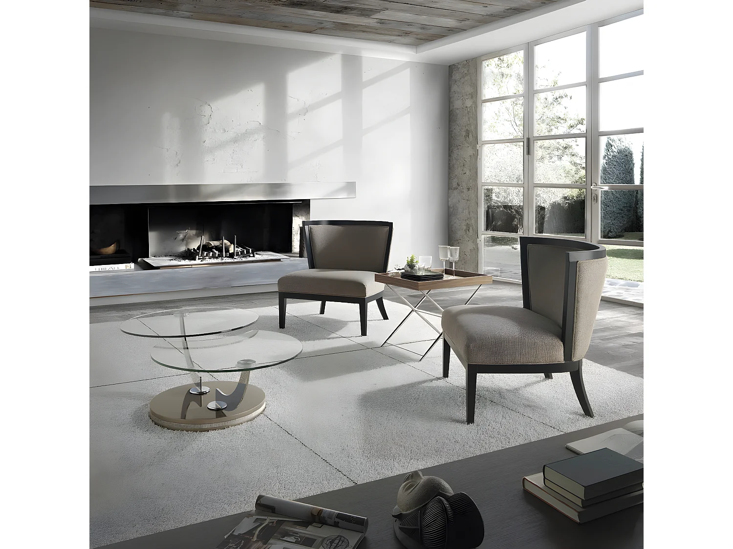 Table basse laquée taupe articulée avec mécanisme pivotant synchronisé Modena