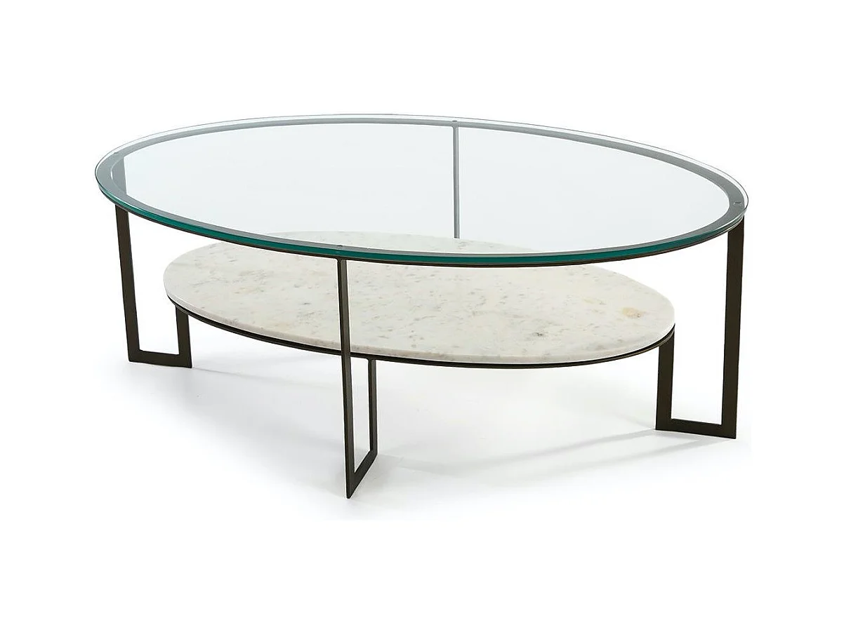 Table basse ovale 2 plateaux verre transparent et marbre blanc Kenza