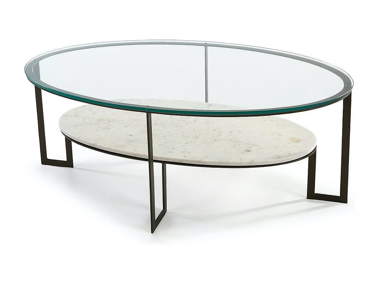 Table basse ovale 2 plateaux verre transparent et marbre blanc Kenza