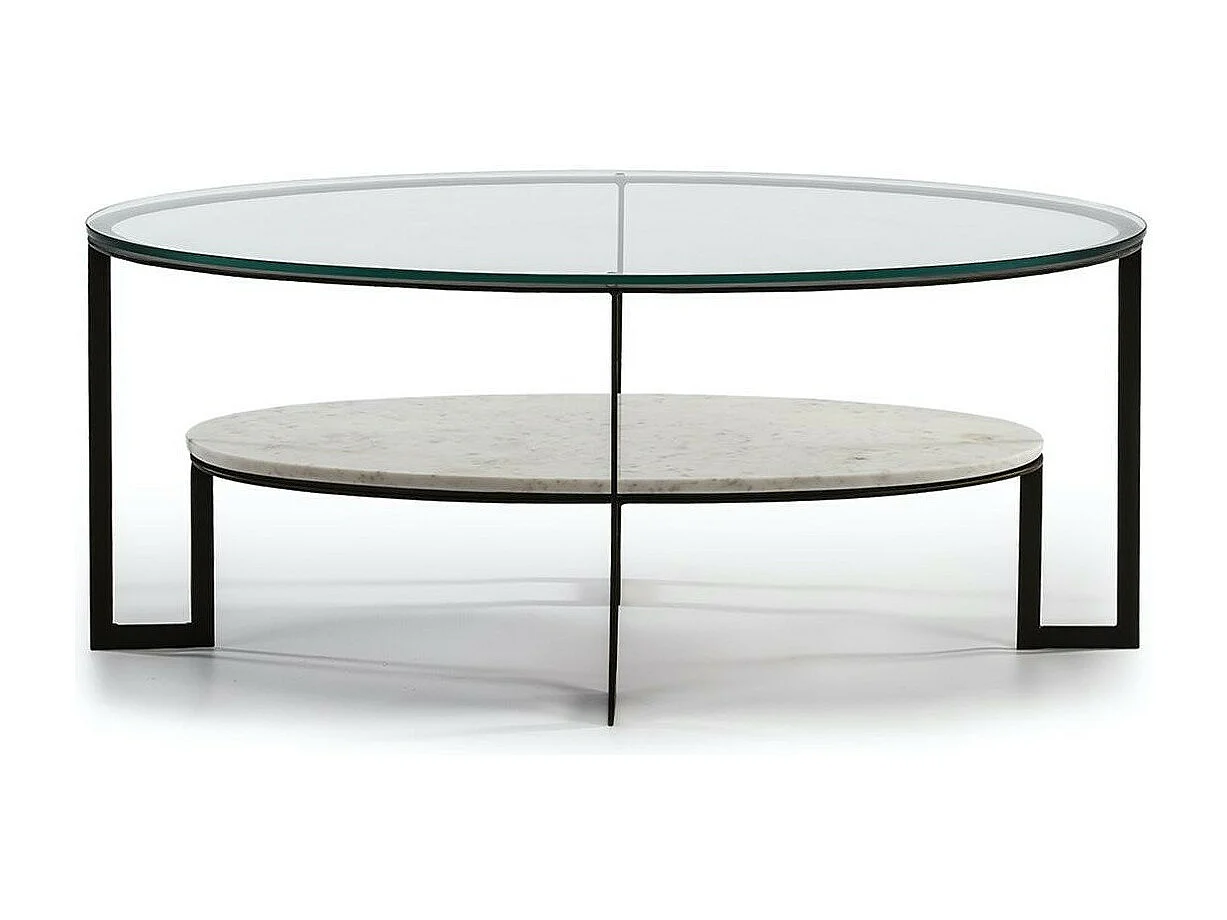 Table basse ovale 2 plateaux verre transparent et marbre blanc Kenza