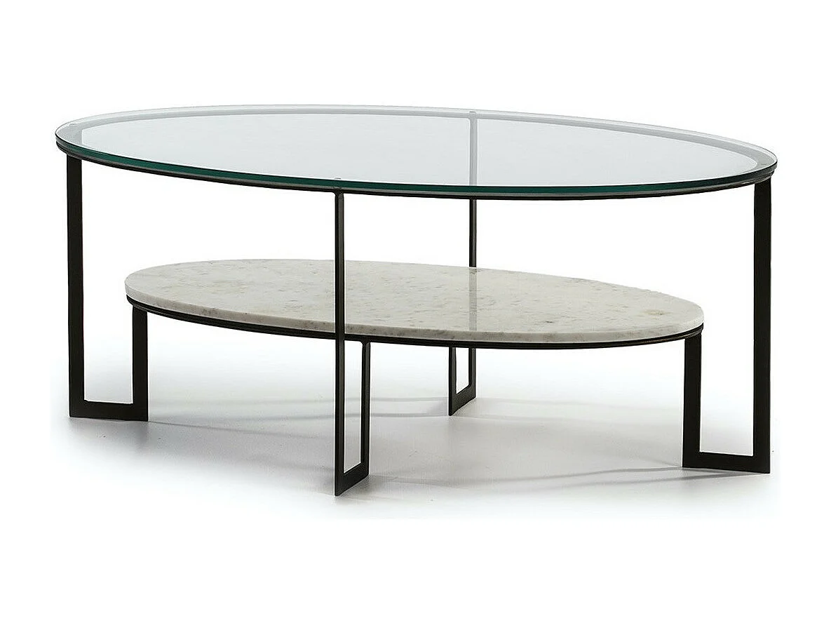 Table basse ovale 2 plateaux verre transparent et marbre blanc Kenza