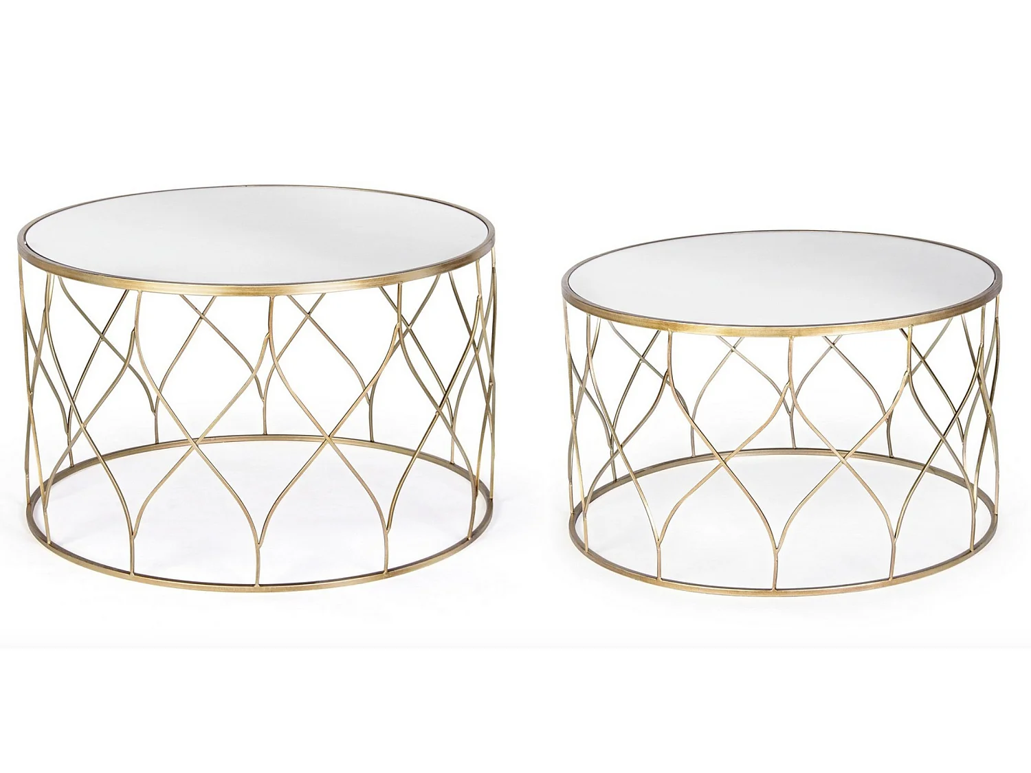 Lot de 2 tables basses rondes en acier doré et miroir Louva