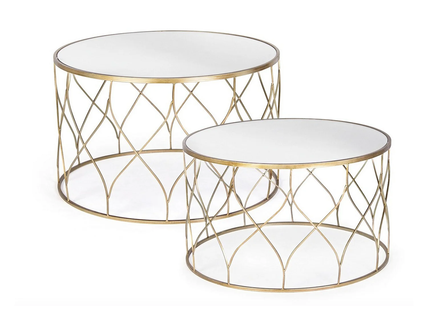 Lot de 2 tables basses rondes en acier doré et miroir Louva