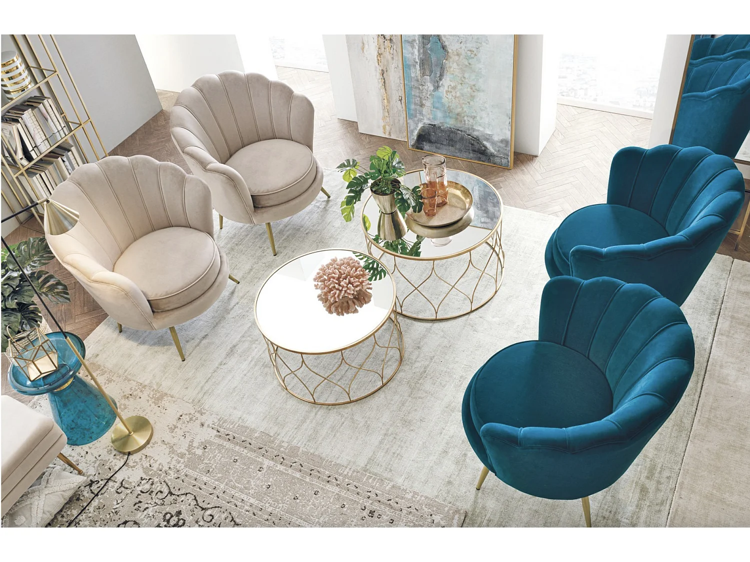 Lot de 2 tables basses rondes en acier doré et miroir Louva