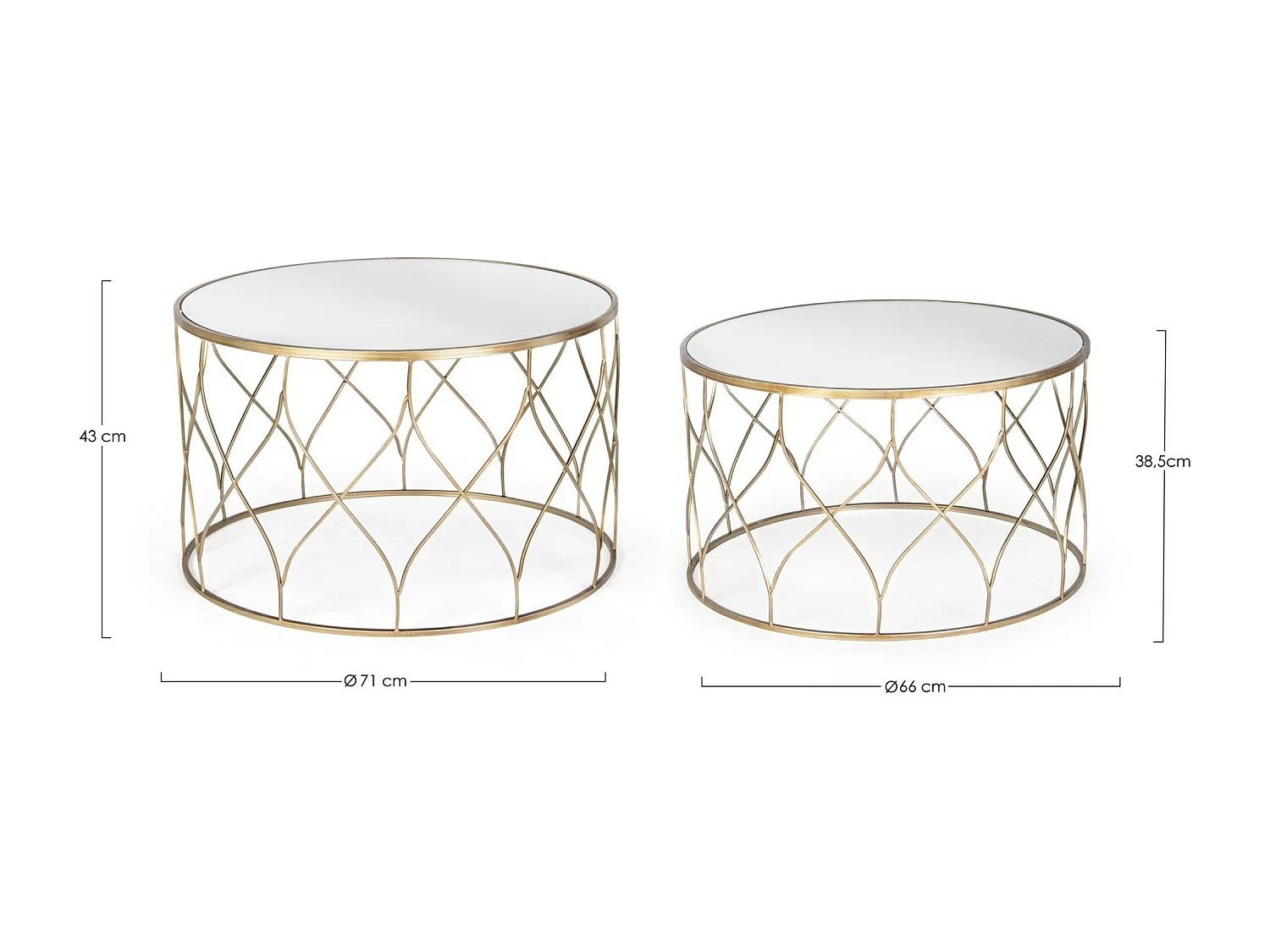 Lot de 2 tables basses rondes en acier doré et miroir Louva