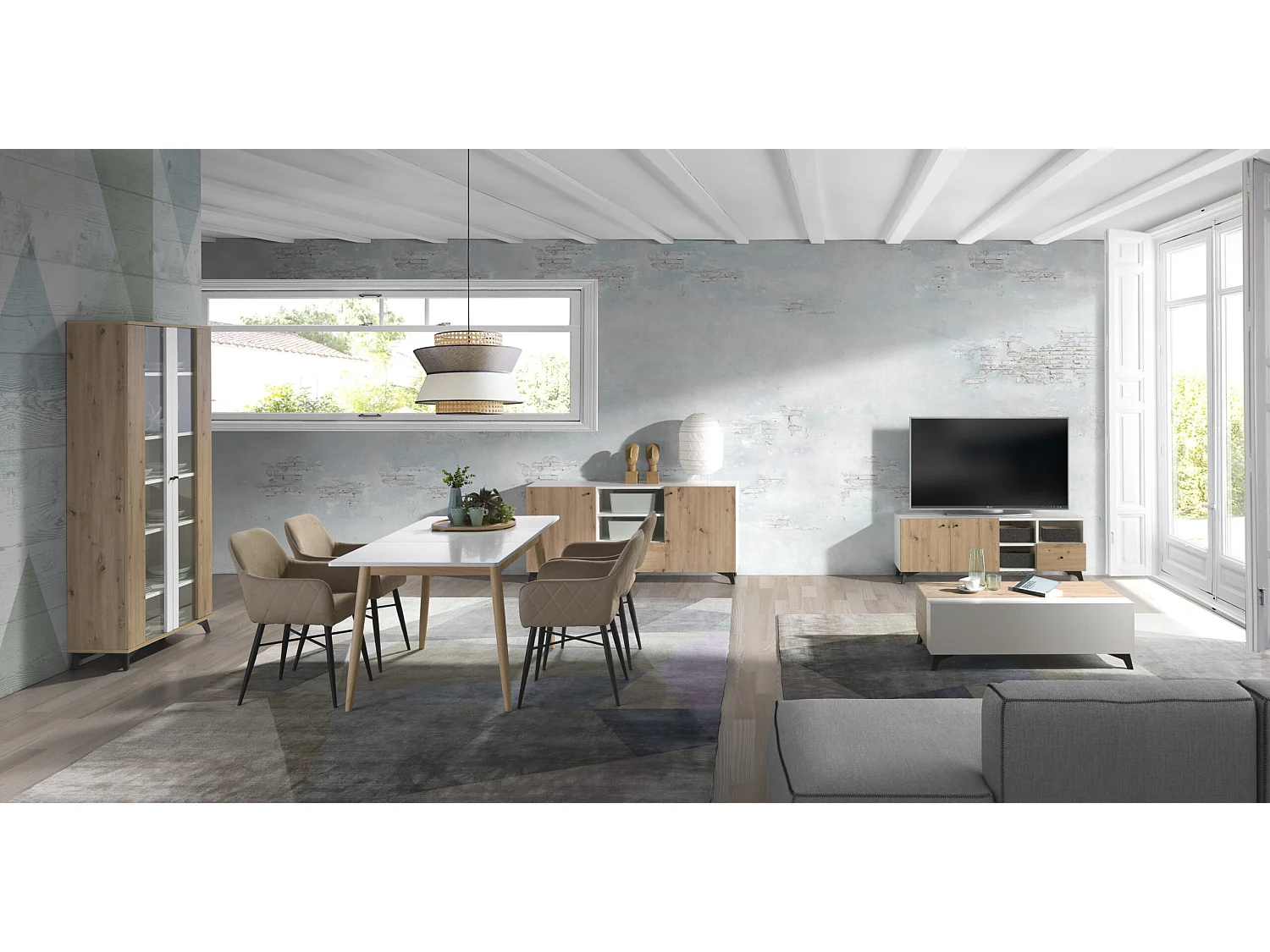 Table basse relevable en bois chêne clair et bois blanc Lazeto 110cm