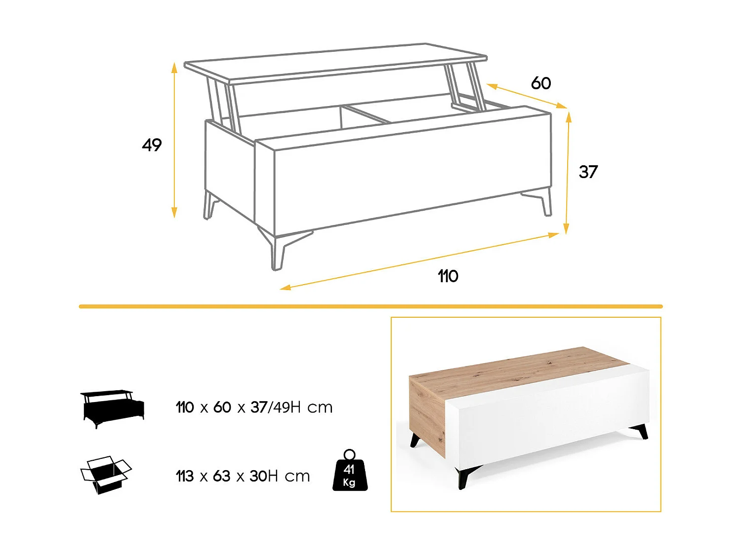 Table basse relevable en bois chêne clair et bois blanc Lazeto 110cm